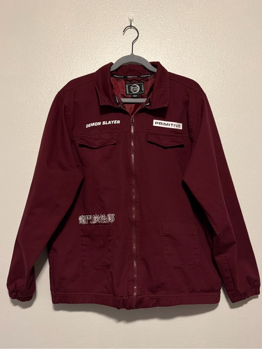 Primitive Men's Burgundy Zip Shirt Jacket with Demon Slayer Patches